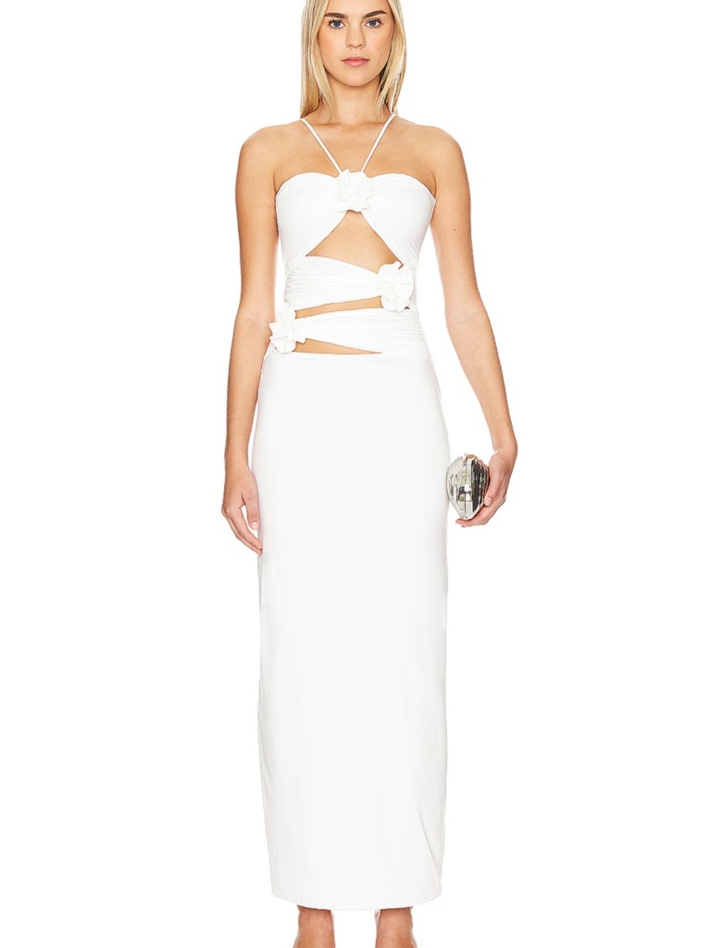 Strapcut White Maxi Dress with Floral Knot Accents